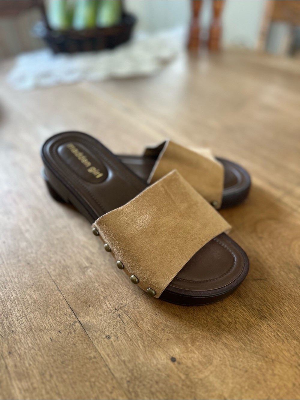 Madden Girl Tan Suede Slide Mules with Stud Accent
